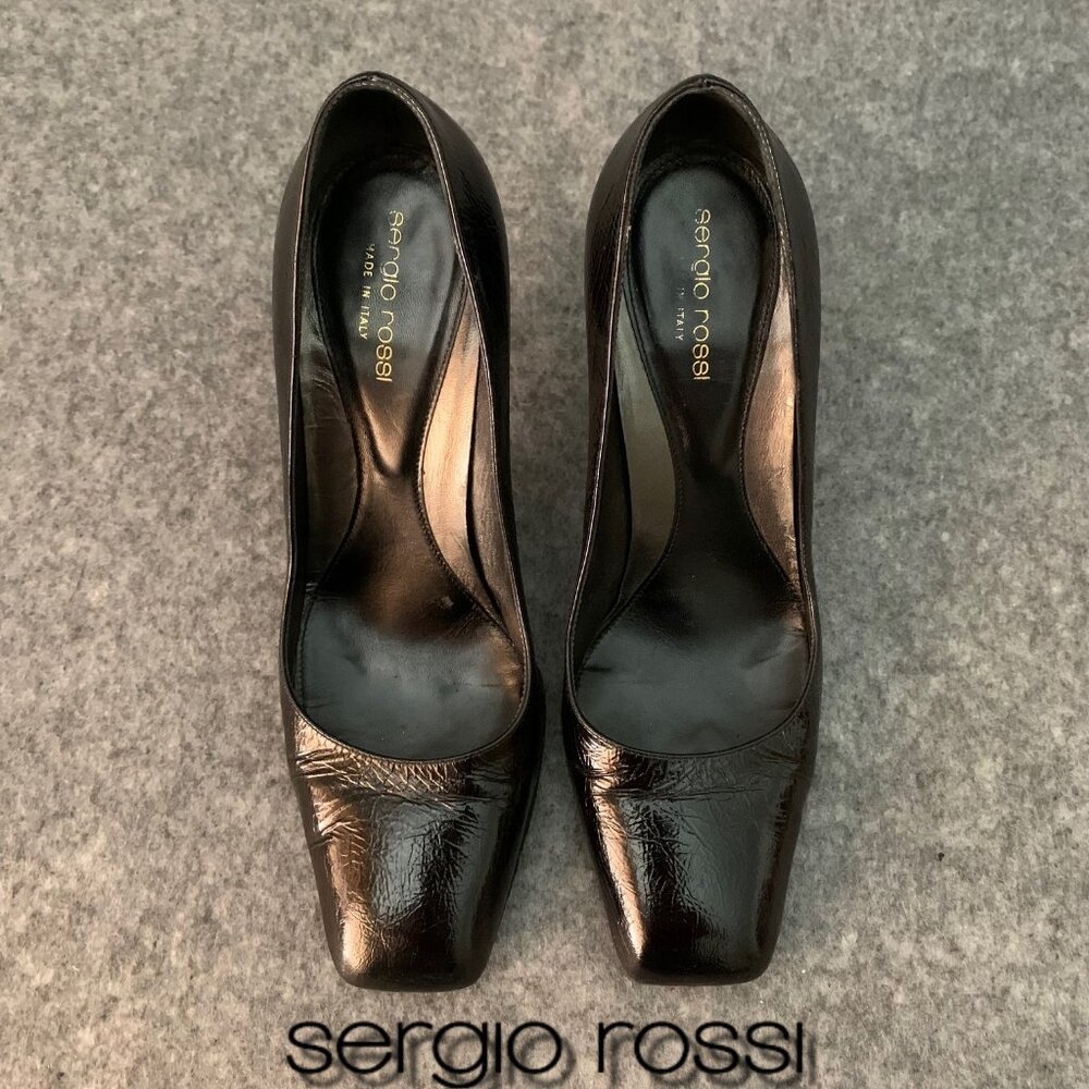 Sergio Rossi Women’s Patent Black Leather Heel Square Toe Pump Shoes
